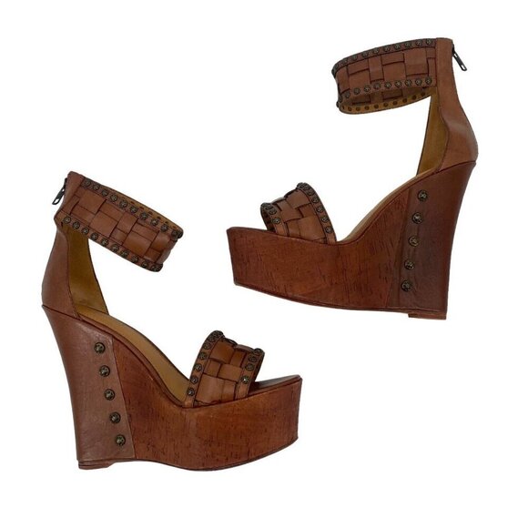 Eric Rutberg Sz 8 Transparent Metro Ankle Wrap Platform Wedge Brown Studded Boho - Picture 2 of 16